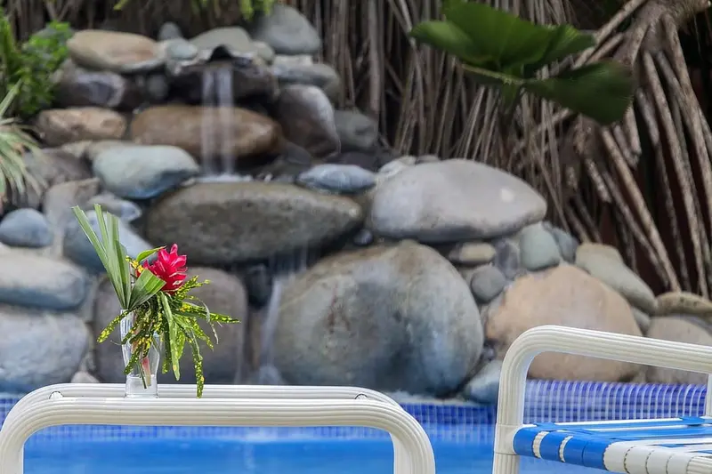 Cascada pequeña de piedras de río junto a la piscina, con una flor roja en primer plano