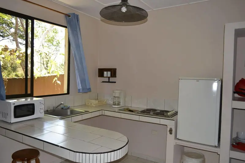 Cocina con microondas, refrigeradora y estufa sobre una barra y una ventana al jardín