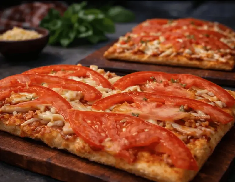 Pizza rectangular con rodajas de tomate sobre una tabla de madera