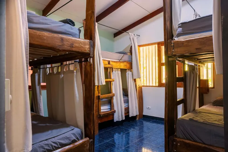 Dormitorio compartido con varias literas de madera y cortinas de privacidad junto a una ventana