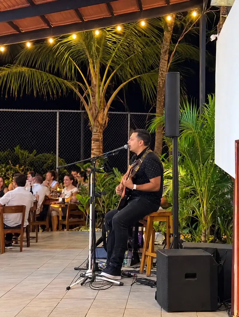 Músico con guitarra tocando en la terraza, con palmeras, luces colgantes y comensales al fondo