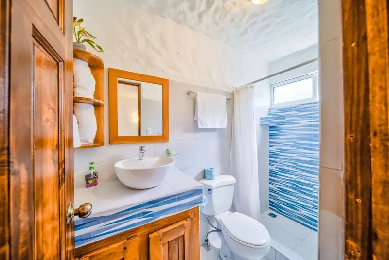 Baño con lavamanos de vasija, espejo de madera y ducha con azulejos azules