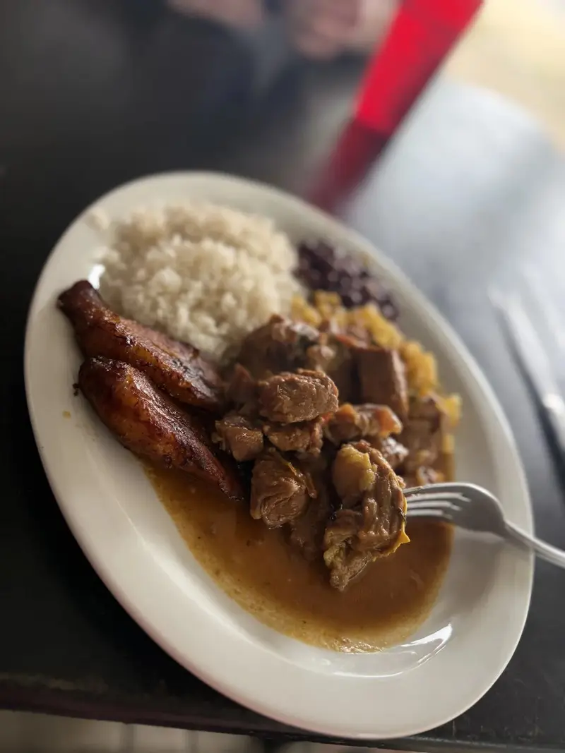 Plato con carne en salsa, arroz, frijoles y plátano maduro frito
