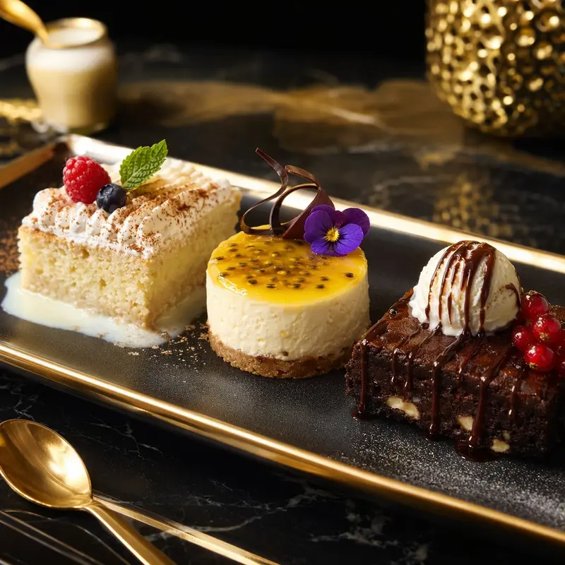 Bandeja de postres con tres leches, cheesecake de maracuyá y brownie con helado
