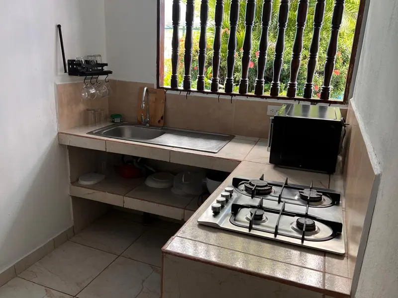 Cocina pequeña con fregadero, hornilla de gas y televisor en una habitación
