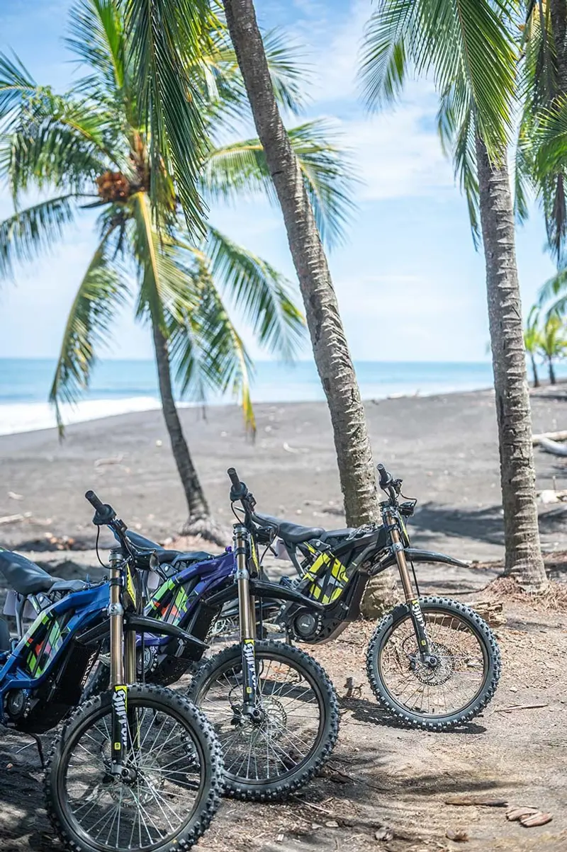 Motos eléctricas junto a palmeras en una playa de Playa Hermosa