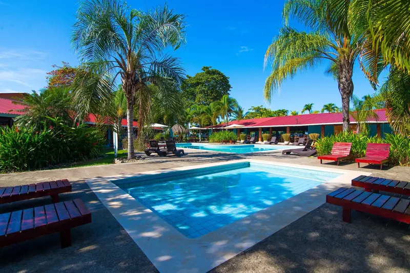 Piscina rodeada de palmeras y tumbonas rojas, con los edificios del hotel al fondo