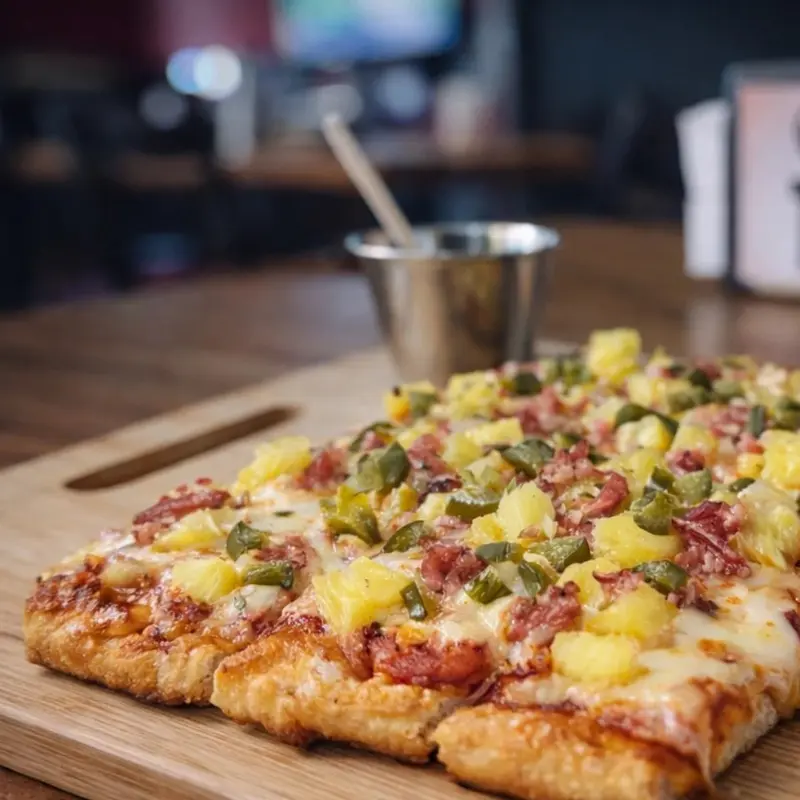Pizza rectangular con piña, jalapeño y jamón sobre una tabla de madera