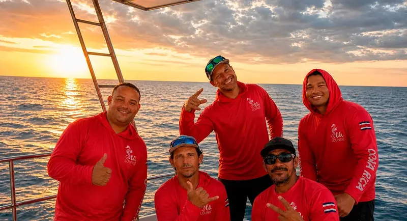 Cinco tripulantes con camisetas rojas posando a bordo, con el atardecer detrás