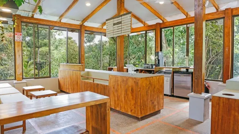 Interior de madera con grandes ventanales sobre el follaje y el mostrador al fondo
