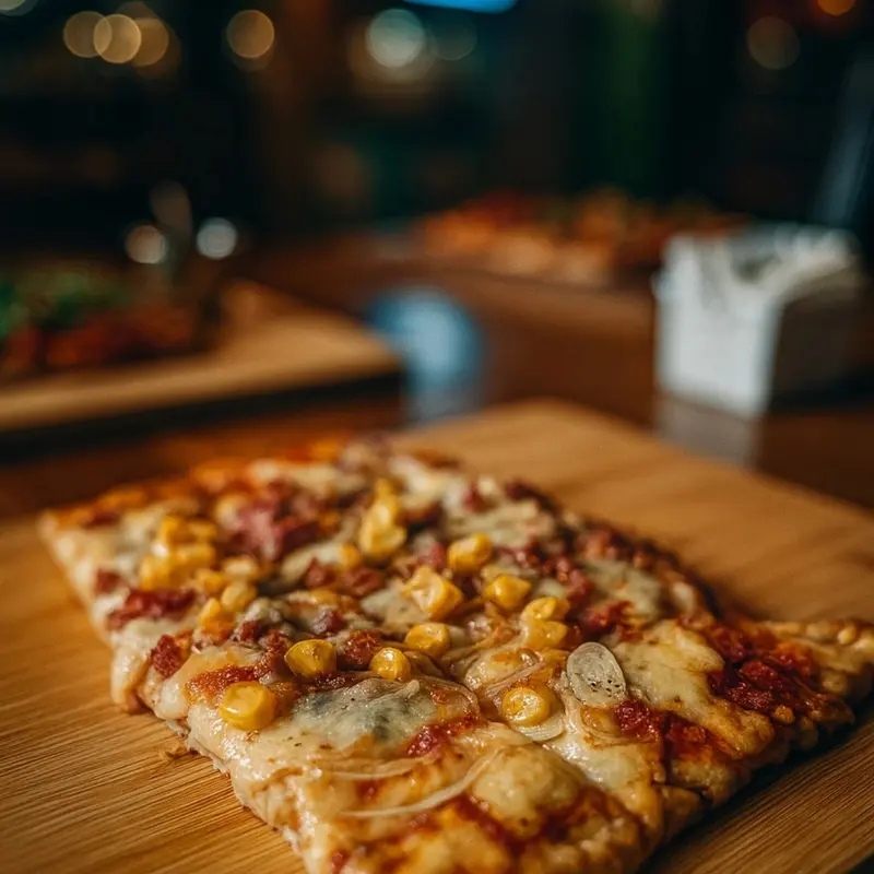 Pizza rectangular con maíz, cebolla y queso sobre una tabla, con el salón desenfocado al fondo