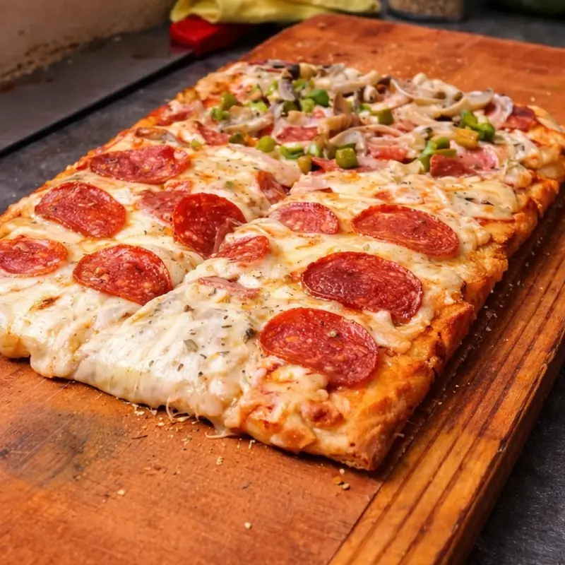 Pizza rectangular de pepperoni con queso derretido sobre una tabla de madera