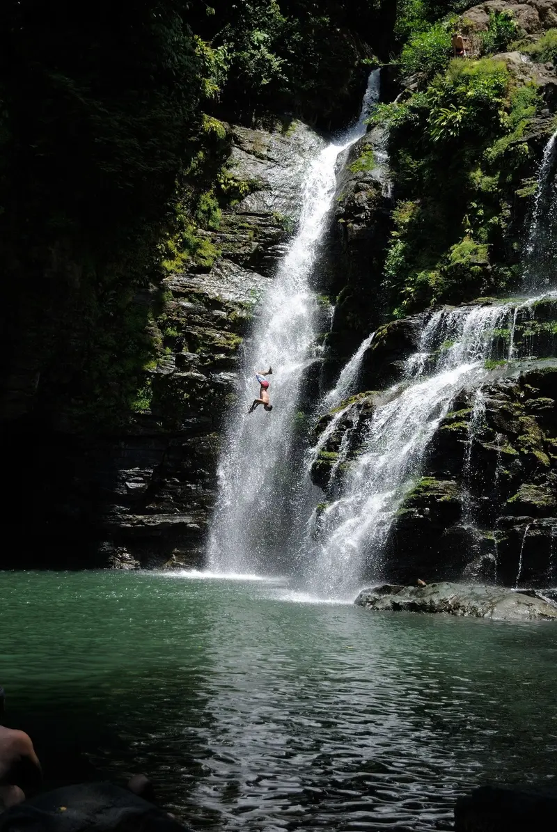 Cascada de dos caídas sobre rocas oscuras entre vegetación, con una poza verde al pie