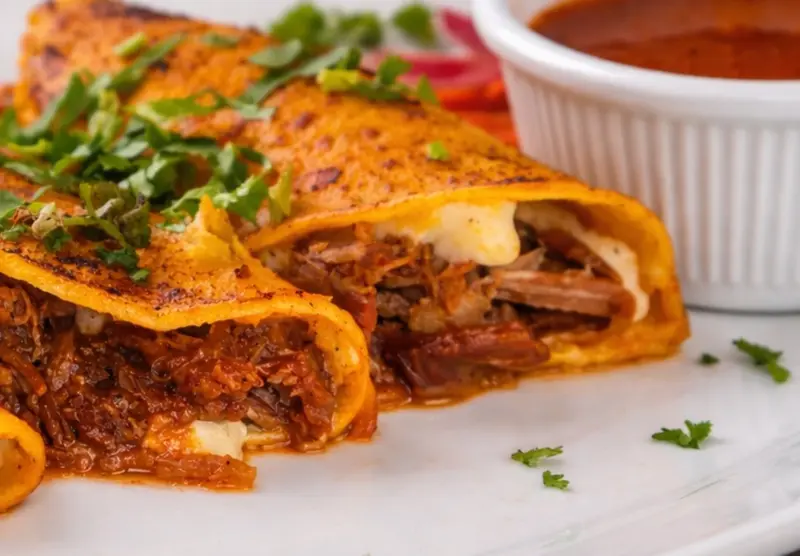 Dos tortillas anaranjadas rellenas de carne de birria, con un tazón de salsa roja