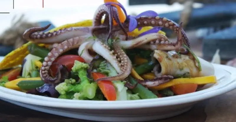 Ensalada de pulpo con vegetales mixtos en un plato blanco