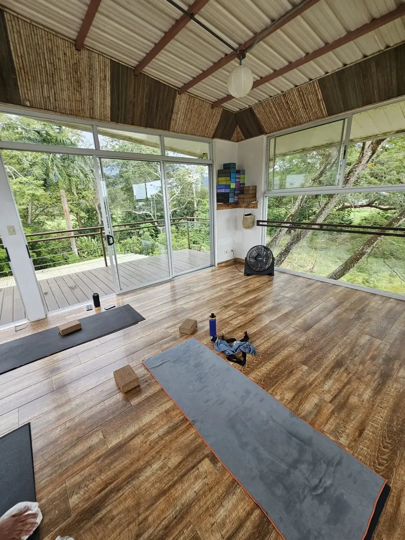 Esterillas grises y bloques de corcho sobre el piso de madera del estudio, con ventanales hacia la selva