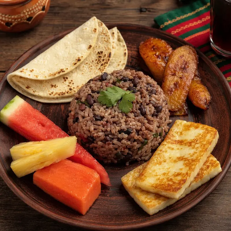 Desayuno costarricense con gallo pinto, queso frito, plátano, tortillas y fruta