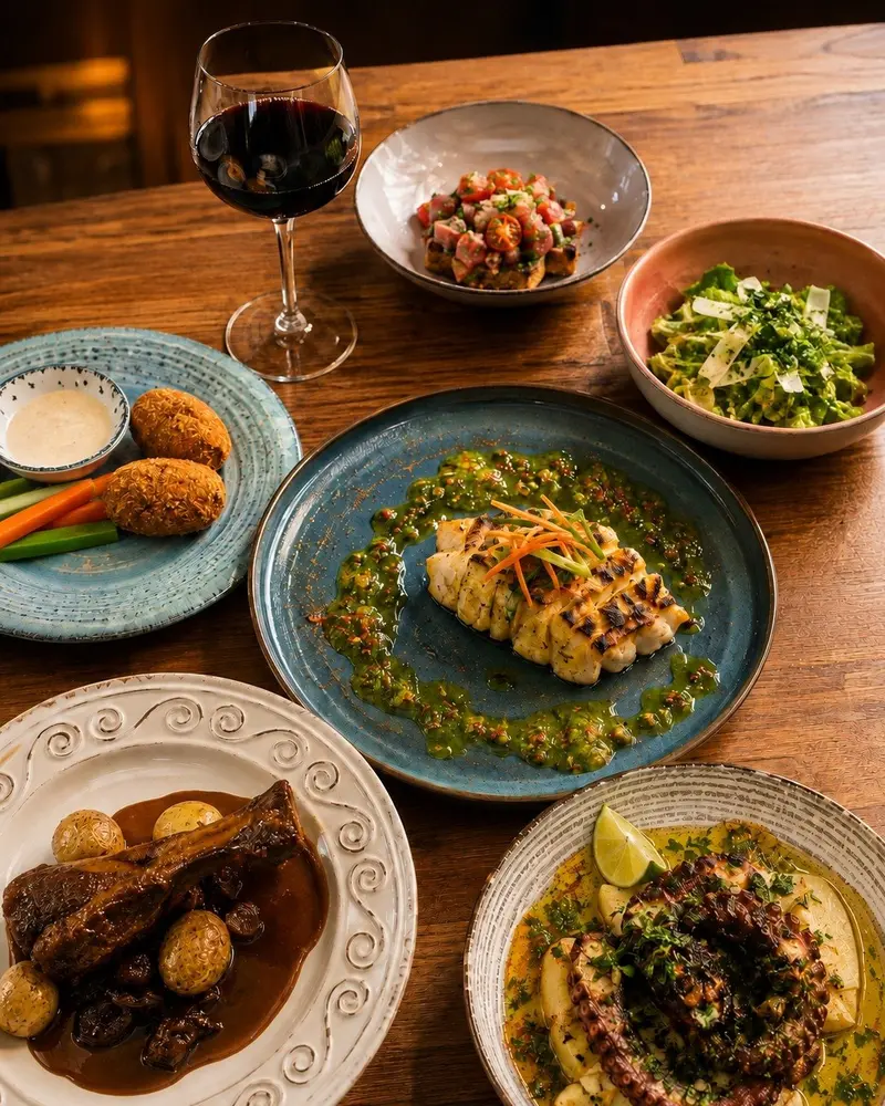 Mesa con varios platos: croquetas, pulpo con puré, un plato verde con verduras, carne con papas y una copa de vino tinto