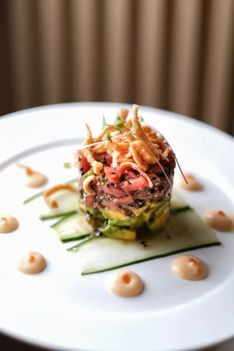 Torre de atún marinado sobre aguacate y pepino, con salsas alrededor