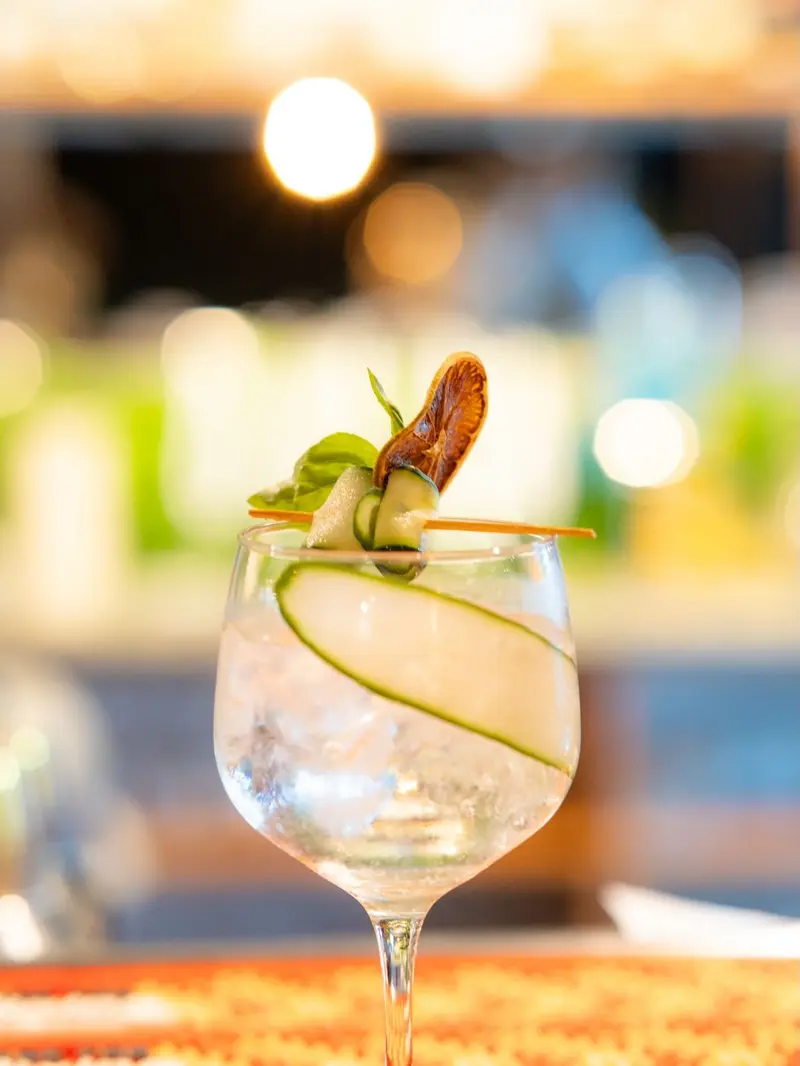 Copa de gin tonic con rodajas de pepino y romero sobre la barra