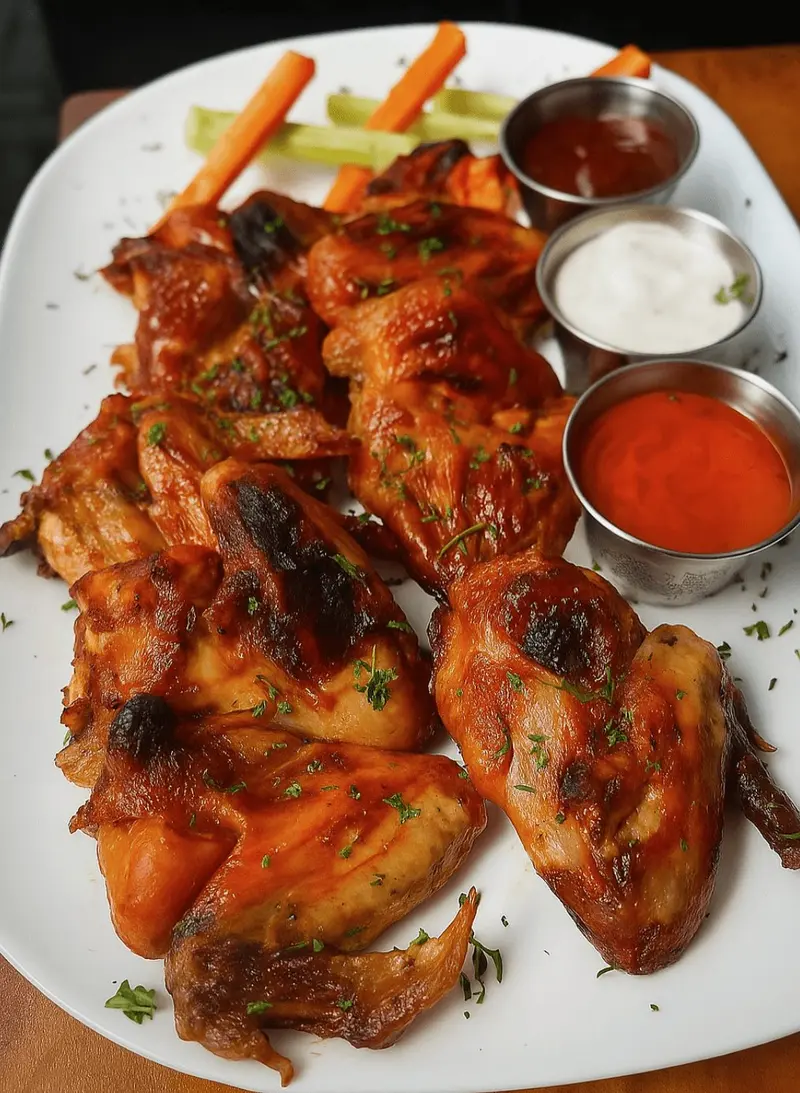 Alitas de pollo con tres salsas y bastones de apio y zanahoria en un plato