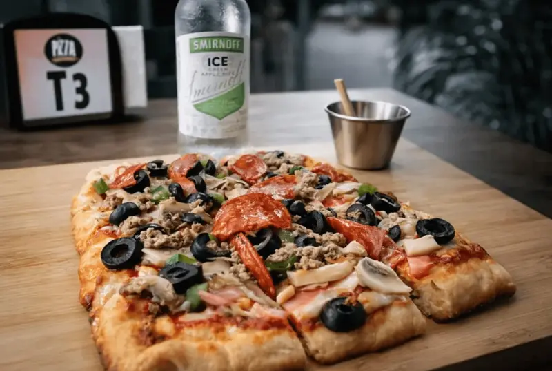 Pizza rectangular con aceitunas negras y pepperoni sobre una tabla, con una botella de Smirnoff Ice al fondo