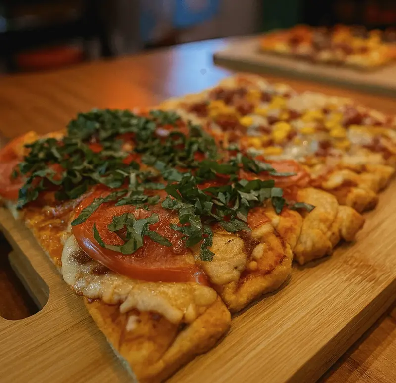 Pizzas rectangulares con tomate, albahaca y queso sobre una tabla de madera