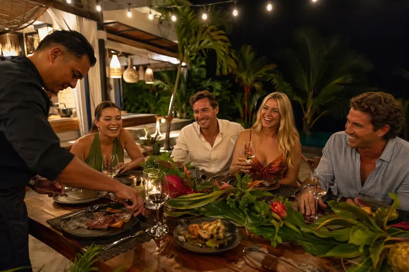 Chef sirviendo una cena a un grupo de amigos en una mesa al aire libre de noche