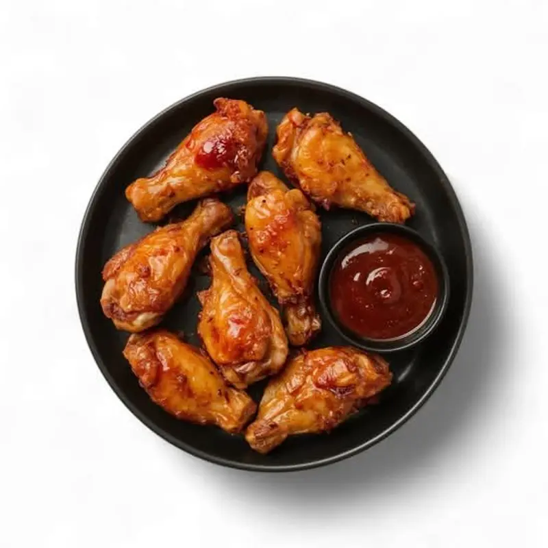 Plato oscuro con seis alitas de pollo glaseadas y un pocillo de salsa
