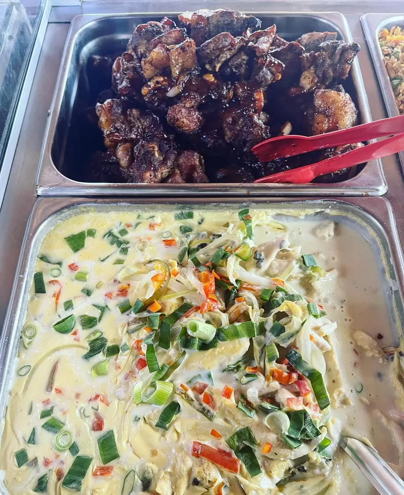 Bandejas del mostrador con cerdo en salsa y guiso de pollo con cebollín
