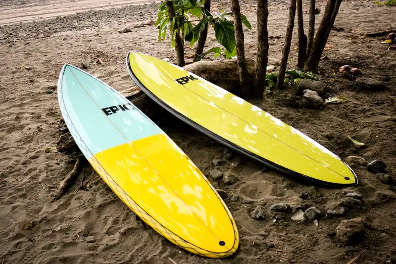 Dos tablas de surf, una amarilla y celeste y otra amarilla, sobre la arena bajo unas palmeras