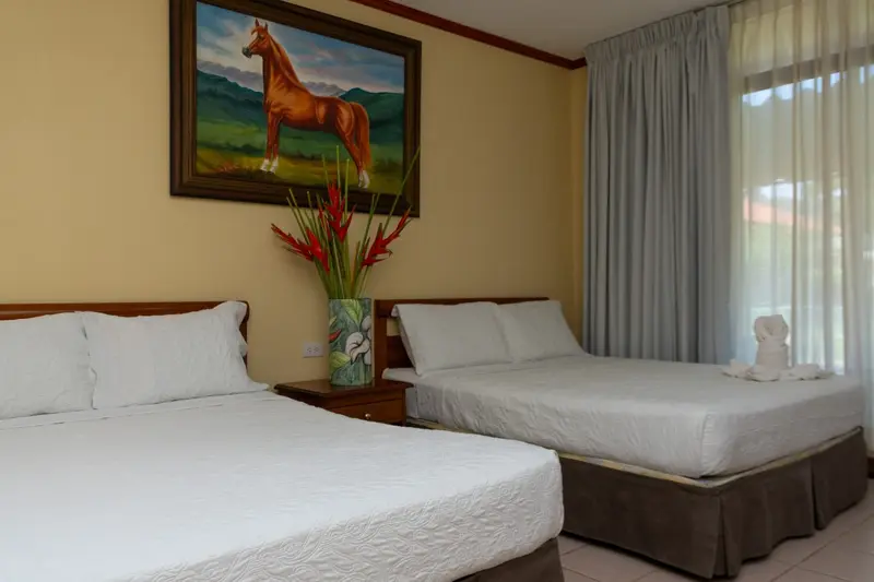 Habitación con dos camas de sábanas blancas, un cuadro de un caballo y flores rojas sobre la mesa de noche
