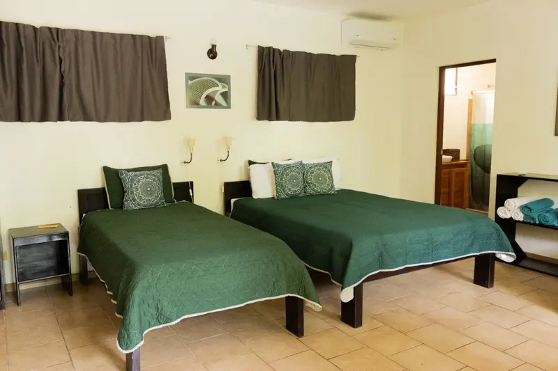 Habitación con dos camas individuales de cubrecama verde y aire acondicionado