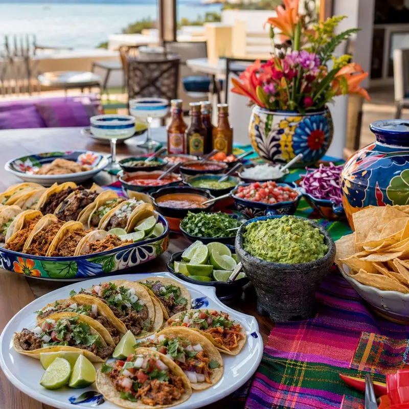 Mesa con tacos, salsas, chips y colores de fiesta