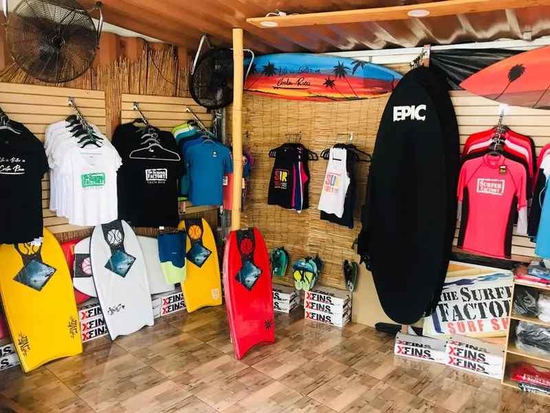 Interior de la tienda con rashguards, bodyboards y accesorios colgados en las paredes de bambú