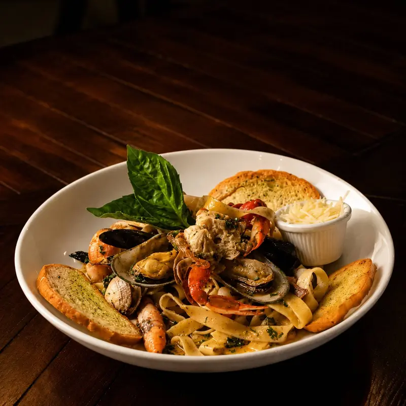 Fettuccine con camarones, mejillones, almejas, albahaca y pan tostado en un bol blanco