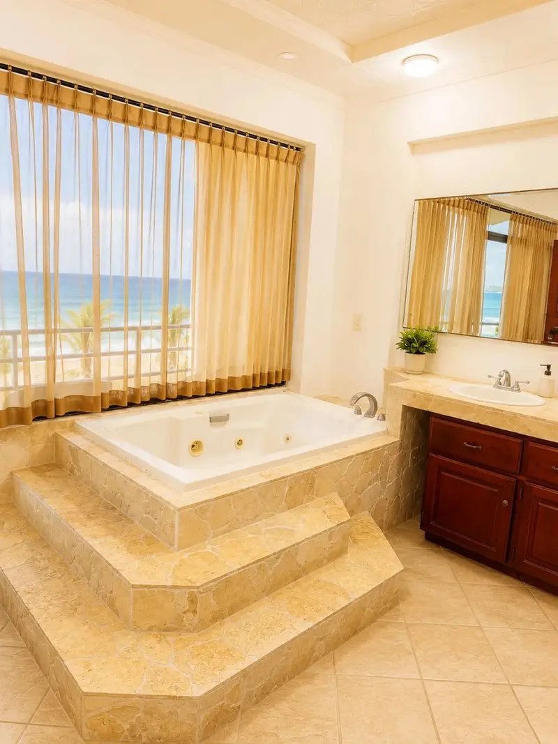 Baño con jacuzzi frente a una ventana con vista al mar