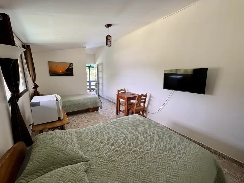 Habitación con cama de colcha verde, televisor en la pared y mesa con sillas de madera