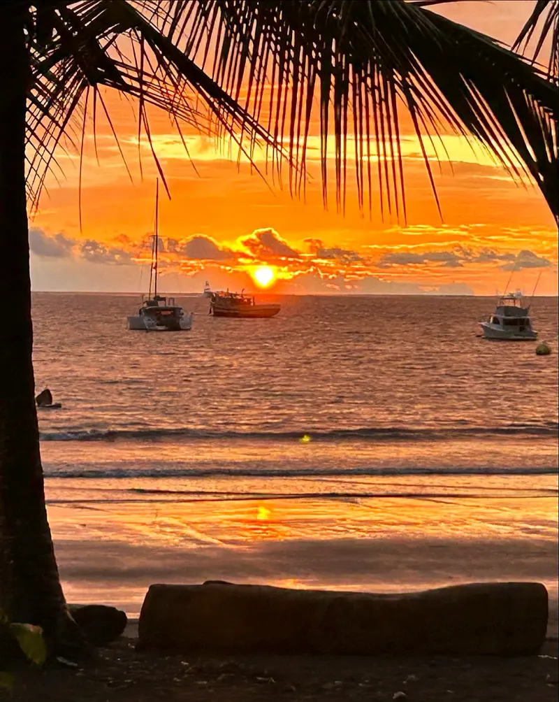 Atardecer en Playa Herradura con barcos anclados y palmeras
