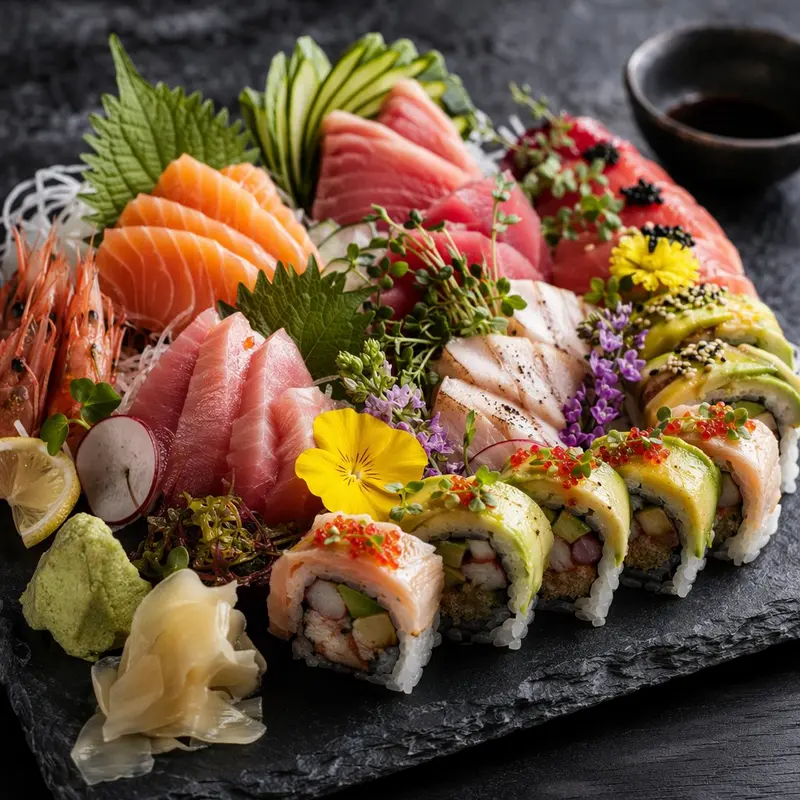 Bandeja de sushi con rollos, sashimi, aguacate y flores comestibles