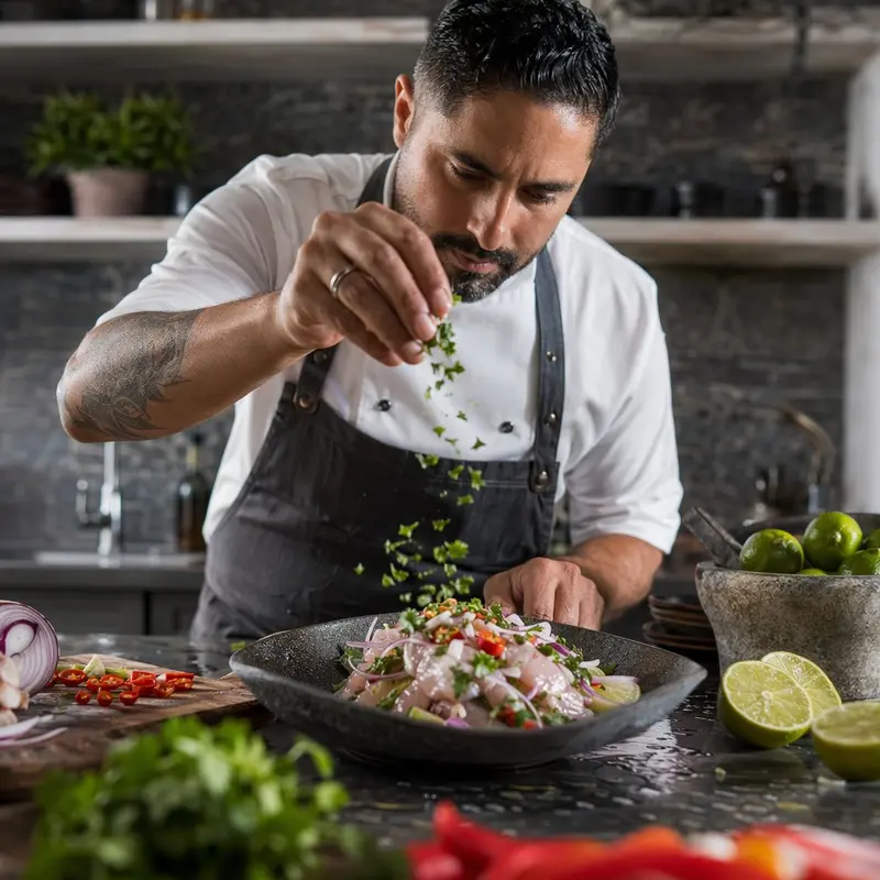 Chef terminando un ceviche con hierbas frescas