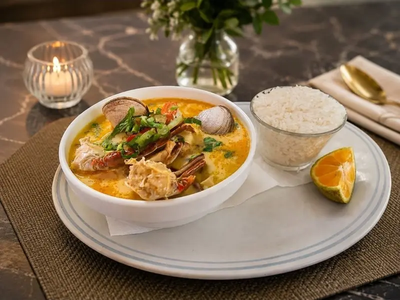 Sopa de mariscos con almejas y camarones en un tazón, con arroz blanco y media naranja