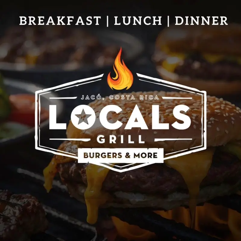 Logo de Locals Grill, con su lema "Burgers & More" sobre una hamburguesa a la parrilla
