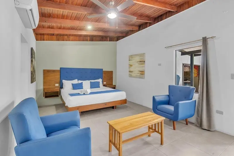 Dormitorio amplio con techo de madera, cama con cabecera azul y dos sillones azules