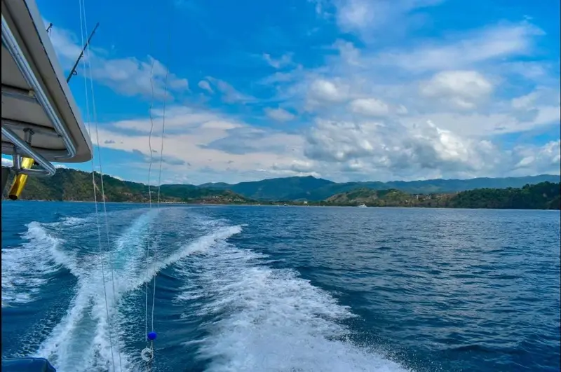 Estela blanca del barco sobre el mar azul, con la costa verde y las montañas al fondo