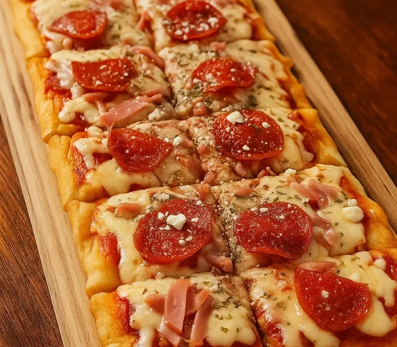 Pizza larga de pepperoni, jamón y queso sobre una tabla de madera