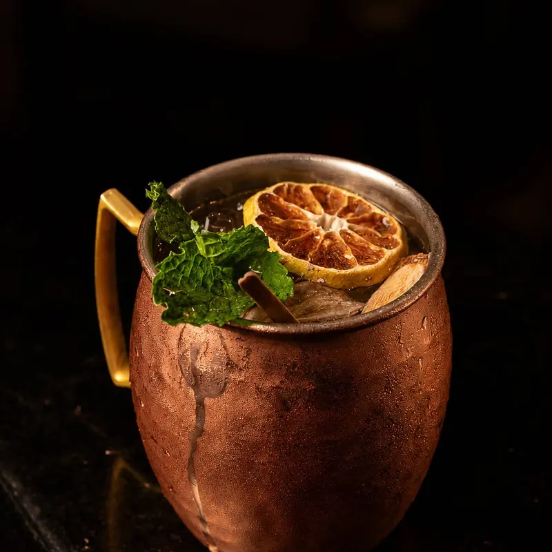 Cóctel en una taza de cobre con rodaja de naranja deshidratada y menta