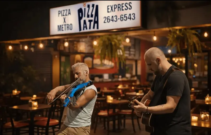 Dos músicos tocando violín y guitarra en el salón, bajo el rótulo de Pizza Pata