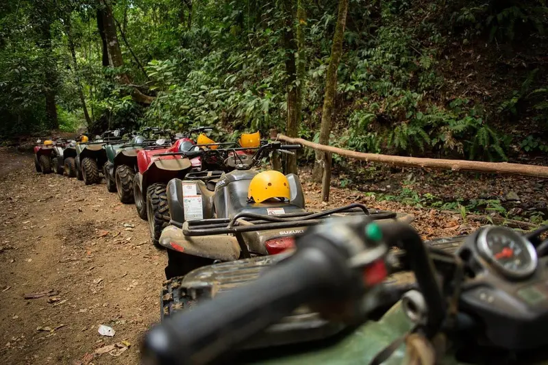 Fila de cuatrimotos estacionadas en un sendero de tierra del bosque, vistas desde el manubrio de la primera