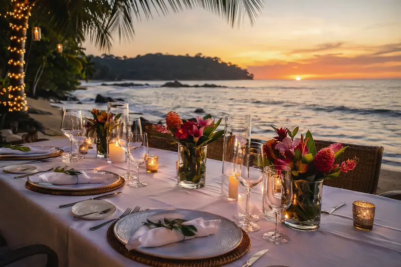 Mesa para cenar frente al mar al atardecer, con copas, flores y velas